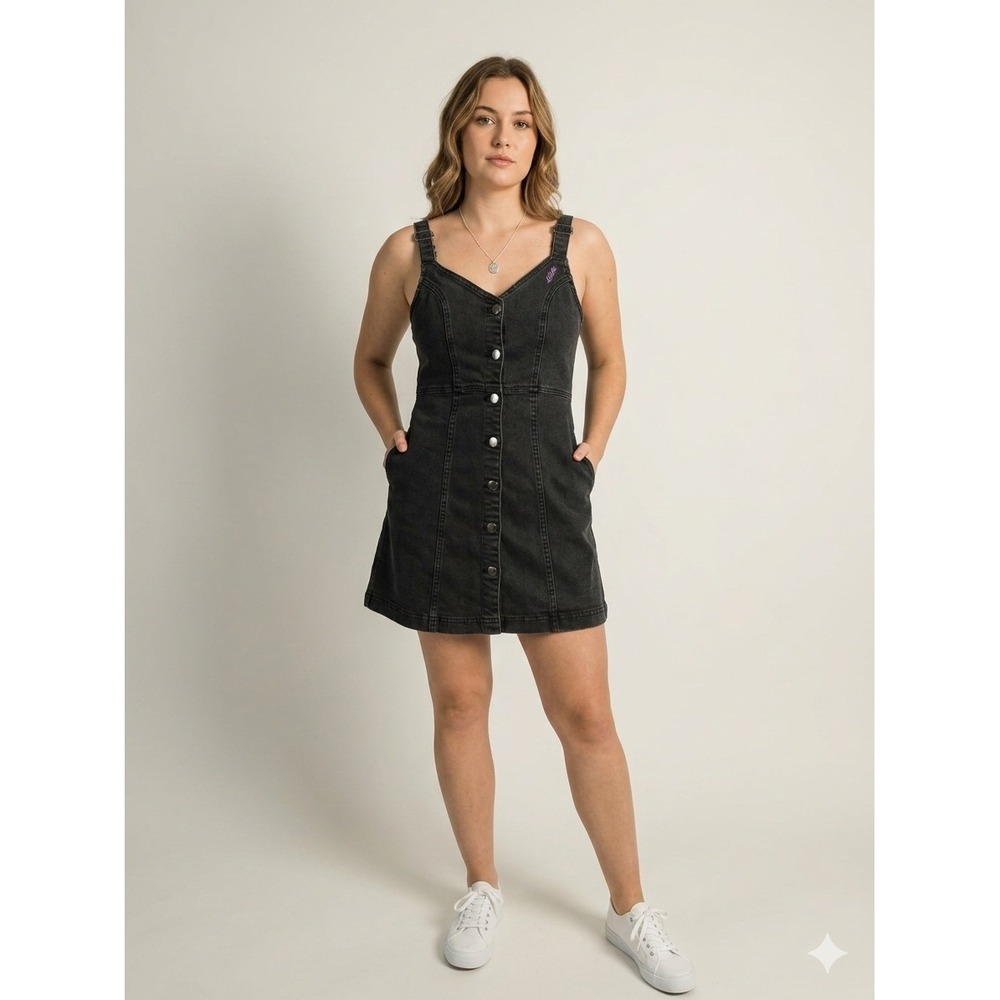 BDG Urban Outfitters Black Denim Mini Dress Button Front Embroidered Small 90s - Picture 1 of 7